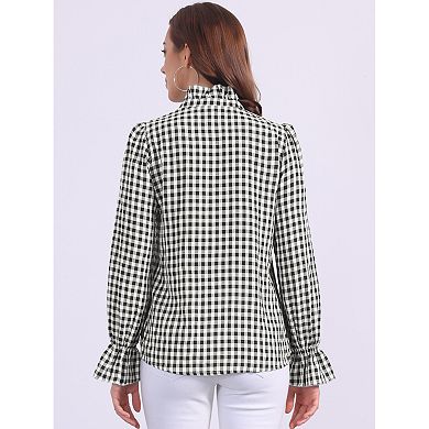 Women's Gingham Tops Ruffle V Neck Blouse Button Front Long Sleeve Plaid Shirt