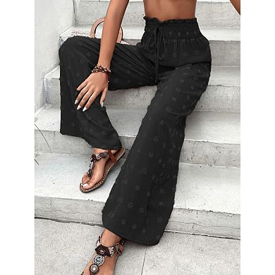 Women Swiss Dot High Waisted Wide Leg Chiffon Pant Loose Fit Elastic Waist Tie Front Palazzo Pant