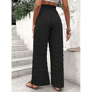 Women Swiss Dot High Waisted Wide Leg Chiffon Pant Loose Fit Elastic Waist Tie Front Palazzo Pant