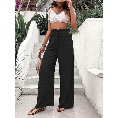 Women Swiss Dot High Waisted Wide Leg Chiffon Pant Loose Fit Elastic Waist Tie Front Palazzo Pant