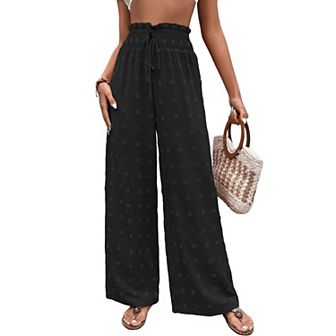 Women Swiss Dot High Waisted Wide Leg Chiffon Pant Loose Fit Elastic Waist Tie Front Palazzo Pant