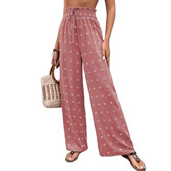 Women Swiss Dot High Waisted Wide Leg Chiffon Pant Loose Fit Elastic Waist Tie Front Palazzo Pant