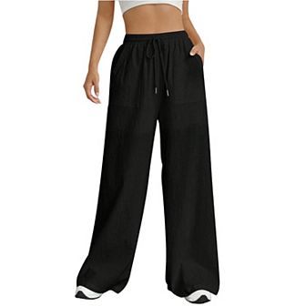 Womens Wide Leg Pants High Waisted Flowy Palazzo Lounge Boho Beach Pants with Pockets