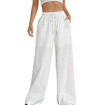 Womens Wide Leg Pants High Waisted Flowy Palazzo Lounge Boho Beach Pants with Pockets