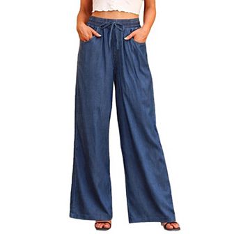 Women's Drawstring Wide Leg Jeans High Waisted Loose Fit Denim Pants
