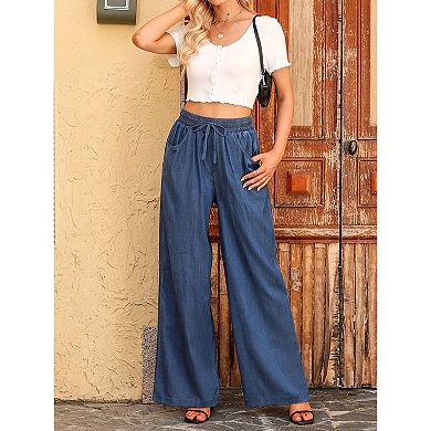 Women's Drawstring Wide Leg Jeans High Waisted Loose Fit Denim Pants