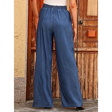 Women's Drawstring Wide Leg Jeans High Waisted Loose Fit Denim Pants