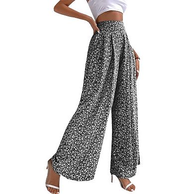 Women Floral Printed High Waist Wide Leg Ruffle Trim Long Pants for Home Office Party Dating