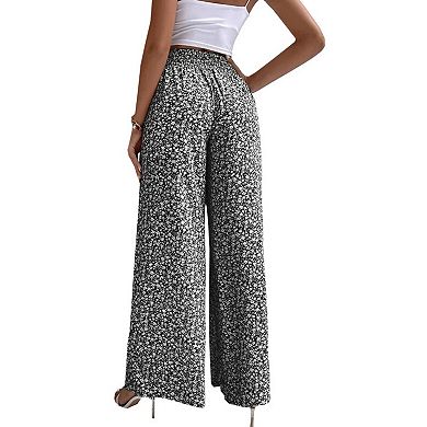 Women Floral Printed High Waist Wide Leg Ruffle Trim Long Pants for Home Office Party Dating