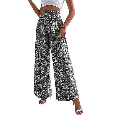 Women Floral Printed High Waist Wide Leg Ruffle Trim Long Pants for Home Office Party Dating