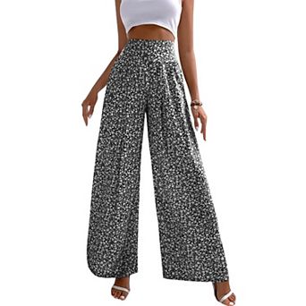 Women Floral Printed High Waist Wide Leg Ruffle Trim Long Pants for Home Office Party Dating