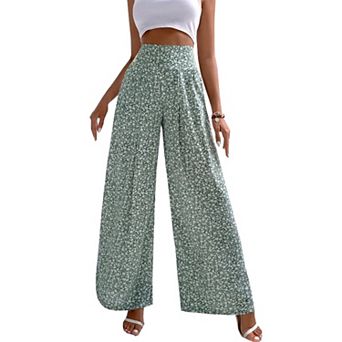 Women Floral Printed High Waist Wide Leg Ruffle Trim Long Pants for Home Office Party Dating