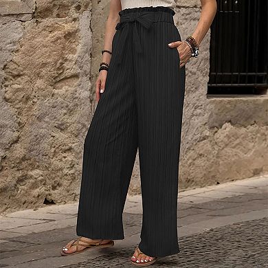 Womens Linen Palazzo Pants Boho Wide Leg Elastic High Waist Loungewear Beach Trousers with Pockets