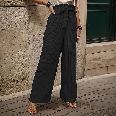Womens Linen Palazzo Pants Boho Wide Leg Elastic High Waist Loungewear Beach Trousers with Pockets