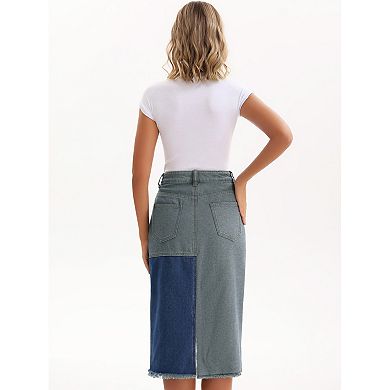 Women's Jean Skirt Color Block Patchwork Raw Hem Slit Midi Denim Skirts