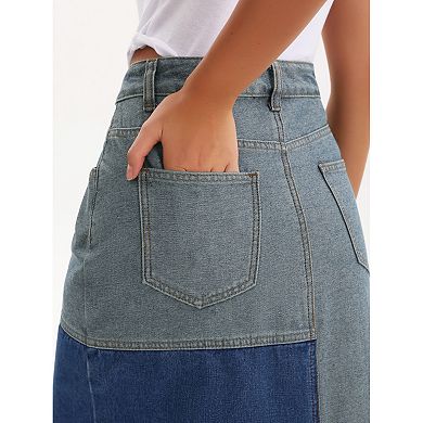 Women's Jean Skirt Color Block Patchwork Raw Hem Slit Midi Denim Skirts