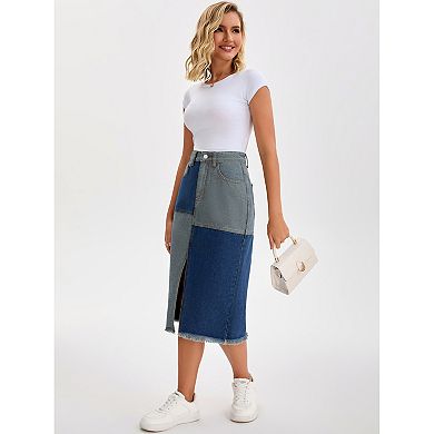 Women's Jean Skirt Color Block Patchwork Raw Hem Slit Midi Denim Skirts