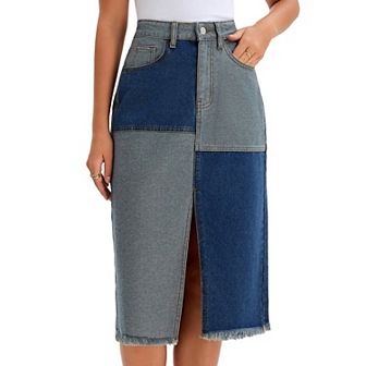 Women's Jean Skirt Color Block Patchwork Raw Hem Slit Midi Denim Skirts