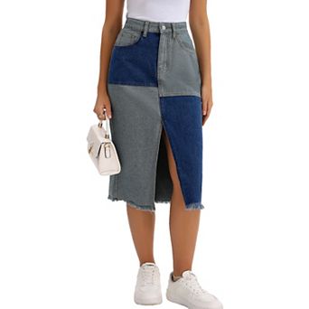 Women's Jean Skirt Color Block Patchwork Raw Hem Slit Midi Denim Skirts