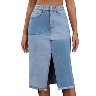 Women's Jean Skirt Color Block Patchwork Raw Hem Slit Midi Denim Skirts