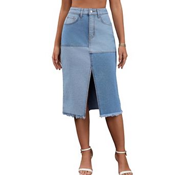 Women's Jean Skirt Color Block Patchwork Raw Hem Slit Midi Denim Skirts