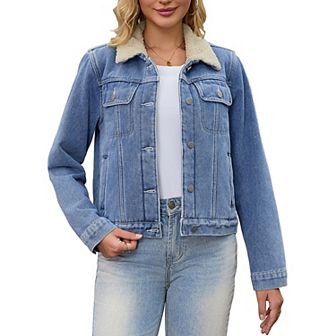 Women Denim Jackets Faux Fur Collar Fleece Lined Winter Thicken Denim Trucker Jacket