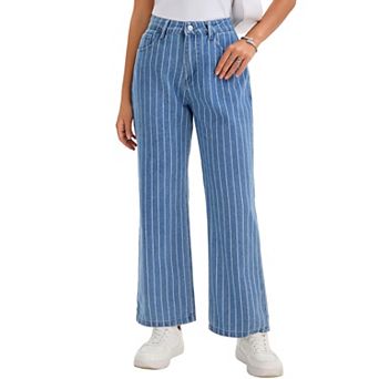 Women Striped Jeans High Rise Zipper Fly Trousers Straight Leg Denim Pants