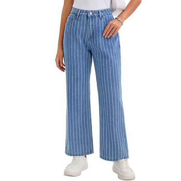 RAIVE 韓国Stripe Straight Denim Pants Blue Women Striped Jeans High Rise Zipper Fly Trousers Straight Leg