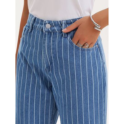 Women Striped Jeans High Rise Zipper Fly Trousers Straight Leg