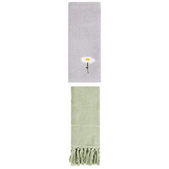 2 pc Floral Pattern Hand Towel and Cotton Absorbent Turkish Hand Towel for Bathroom, 14"x30"&13"x30"