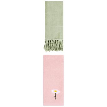 2 pc Floral Pattern Hand Towel and Cotton Absorbent Turkish Hand Towel for Bathroom, 14"x30"&13"x30"