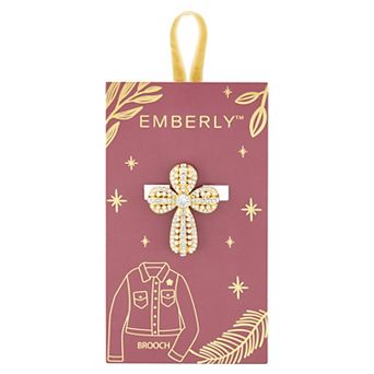 Emberly Gold-Tone Simulated Pearl & Glass Stone Cross Brooch