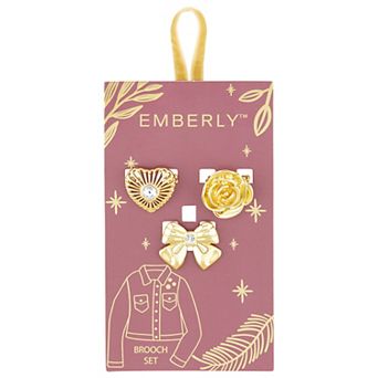 Emberly Gold-Tone Glass Stone Heart & Bow Brooch Set