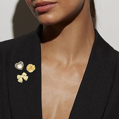 Emberly Gold-Tone Glass Stone Heart & Bow Brooch Set