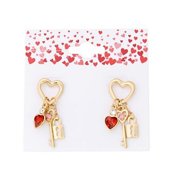 Gold-Tone Lock Key Heart Charm Earrings