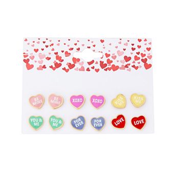 6-Pair Gold-Tone Enamel Heart Stud Earrings Set