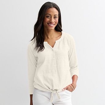 Petite Croft & Barrow® Pucker Knit Button Front Top