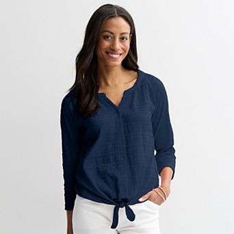 Petite Croft & Barrow® Pucker Knit Button Front Top