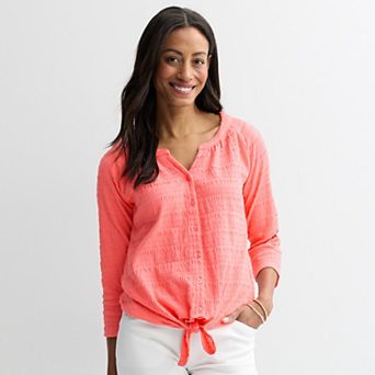 Petite Croft & Barrow® Pucker Knit Button Front Top