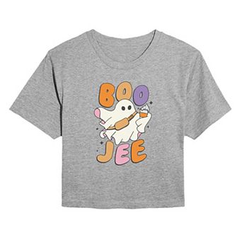 Juniors' Boojee Ghost With Pumpkin Drink Cropped Halloween Graphic Tee