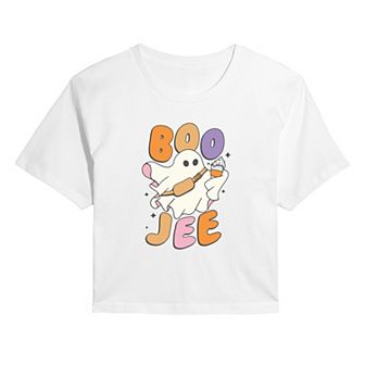 Juniors' Boojee Ghost With Pumpkin Drink Cropped Halloween Graphic Tee