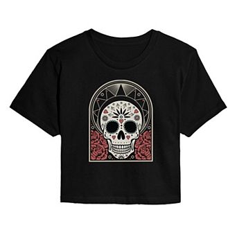 Juniors' Sugar Skull Roses Cropped Halloween Graphic Tee