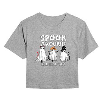 Juniors' Spook Around & Find Out Cropped Halloween Graphic Tee