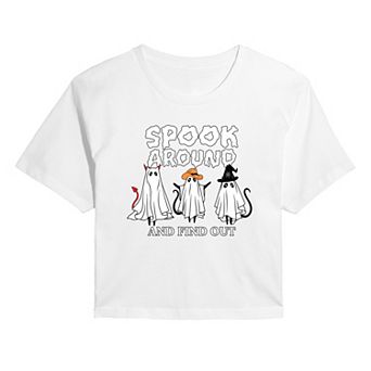 Juniors' Spook Around & Find Out Cropped Halloween Graphic Tee