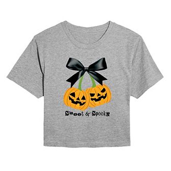 Juniors' Sweet & Spooky Cherry Pumpkins Cropped Halloween Graphic Tee