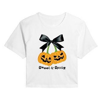 Juniors' Sweet & Spooky Cherry Pumpkins Cropped Halloween Graphic Tee