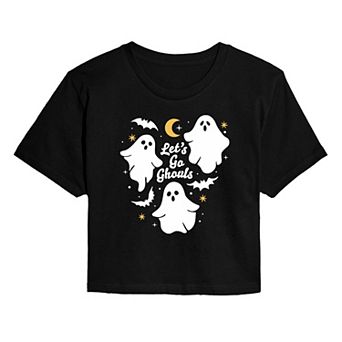 Juniors' Let's Go Ghouls Graphic Cropped Halloween Graphic Tee
