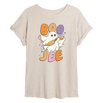 Juniors' Boojee Ghost With Pumpkin Drink Halloween Oversized Graphic Tee