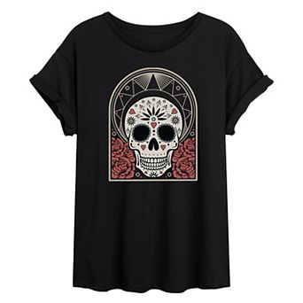 Juniors' Sugar Skull Roses Halloween Oversized Graphic Tee