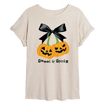Juniors' Sweet & Spooky Cherry Pumpkins Halloween Oversized Graphic Tee
